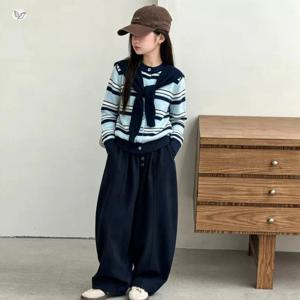 숄 레이어드 스트라이프 니트 여아니트 스웨터 니트티 가디건 겨울 블루 브라운 R23990