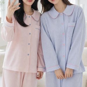 스윗카라 파스텔 스트라이프 여성 잠옷 상하세트 시어서커 얇은 긴팔 파자마 사계절용