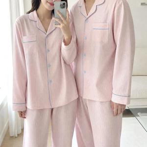 핑크 블룸 스트라이프 커플잠옷 상하세트 시어서커 얇은 긴팔 파자마 사계절용