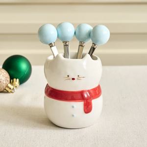 L 눈뚱냥 마을 스텐티포크4P와 도자기홀더 세트