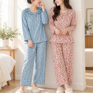 여자 겨울 수면잠옷 따뜻한 기모 꽃무늬 긴팔 와이드핏 긴바지 파자마세트