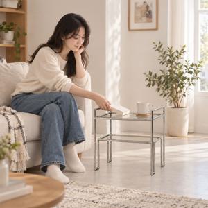 2단 모듈 협탁 500 강화유리 테이블 (높이 545)