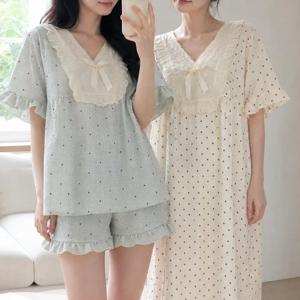 도트벨르 3XL 빅사이즈 레이스 리본 여성 잠옷 원피스 상하세트