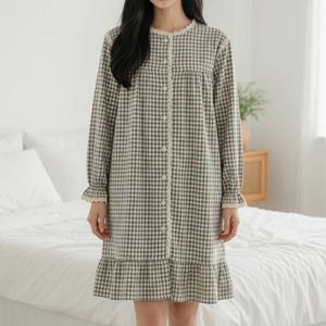 베르데레이스 깅엄 체크 레이스 여성 원피스 파자마 드레스 홈웨어 데일리 홈카페 잠옷