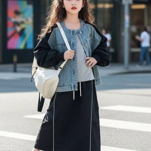 배색 소매 데님 자켓 롱 스커트 R26842