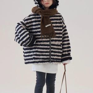 블랙 화이트 스트라이프 뽀글이 후드 집업 R26828