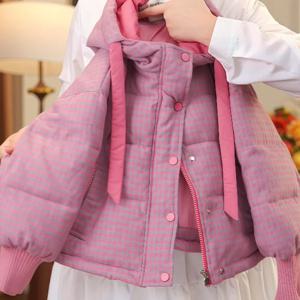 타이 리본 미니 체크 숏 패딩 R26814
