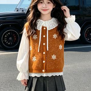 플라워 니트 베스트 프릴 셔츠 플리츠 스커트 R26679