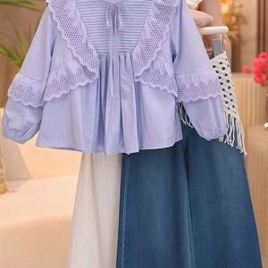 러플 카라 블라우스 와이드 데님 R26625