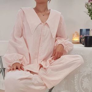 순면 100% 소창 세일러 카라 레이스 여성 잠옷 파자마 세트 홈웨어