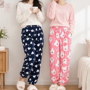 1+1 여성 밍크 수면바지 겨울 고중량 극세사 잠옷바지 시보리 주머니 파자마