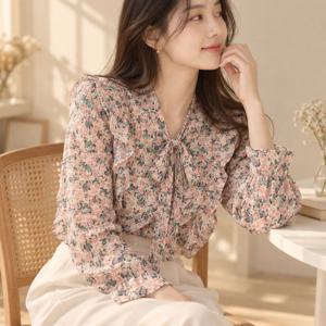 플라워 블라우스 블루밍 브이넥 긴팔 호캉스 여행 여성 V넥블라우스 긴팔블라우스 리조트룩
