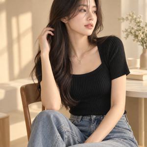 릴리 스퀘어 티셔츠 여성 스퀘어넥 반팔 골지 상견례 돌잔치 골지티셔츠 기본반팔 니트티셔츠