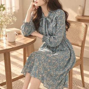 텐저린 드레스 플라워 러플 원피스 가을 쉬폰 프릴 여자 데이트룩 하객룩 가을원피스 롱원피스