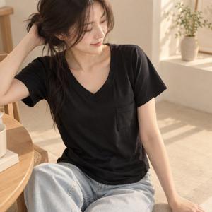 퓨어리티 V넥 반팔 티셔츠 브이넥 포켓 여자 기본 무지 면티 여름 여성반팔 무지티 V넥티