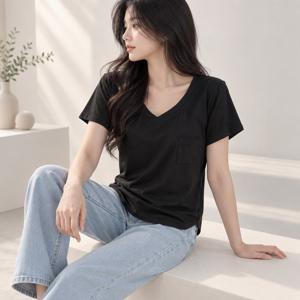 브이넥 포켓 반팔티 여자 기본 무지 면티 여름 티셔츠 퓨어리티 V넥 여성반팔 무지티 V넥티
