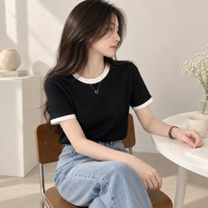 라운드 배색 반팔티 여름 데일리 티셔츠 여자 상의 베러댄 투톤 하프 여성반팔 여성상의