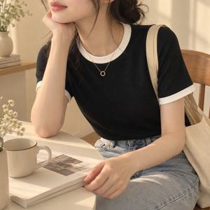 베러댄 투톤 하프 티셔츠 라운드 배색 반팔티 여름 데일리 여자 상의 여성반팔 여성상의