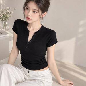 여성 티셔츠 골지 캡소매 반팔 세미크롭 슬림핏 상의 로아 반팔티 단추 스판 캡소매티