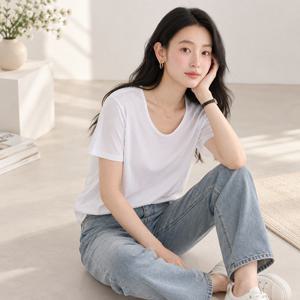 여성 반팔티 기본 여름 티셔츠 절개 U넥 상의 로아 세미오버 스판 무지 U넥티셔츠 옆절개티