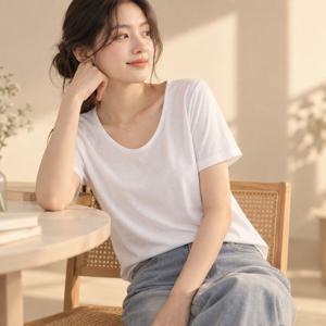 상의 티셔츠 로아 U넥 반팔티 여성 세미오버 스판 무지 반소매 기본 여름 절개 U넥티셔츠