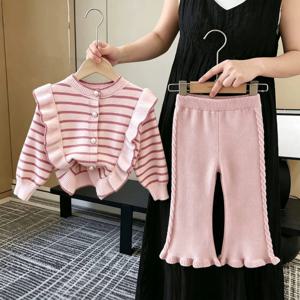 스트라이프 프릴 가디건 플레어 팬츠 셋업 R28572