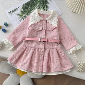 레이스 카라 트위드 벨티드 원피스 R28553