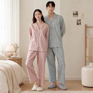 국내산 왈츠 순면 60수 주자 남성 여성 커플 9부 카라 긴팔 파자마 잠옷