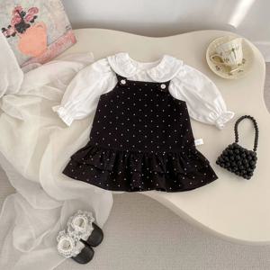 도트 러플 멜빵 원피스 블라우스 세트 R28885