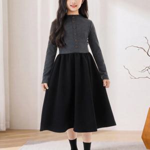 배색 니트 플레어 롱 원피스 R28823