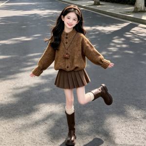 브라운 니트 카디건 플리츠 셋업 R28703