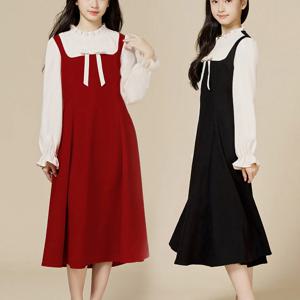 리본카라 배색 레이어드 롱 원피스 R28668
