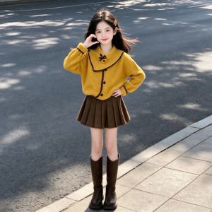 머스타드 니트 플리츠 스커트 셋업 R28629