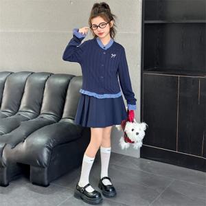 배색 니트 블라우스 레이어드 플리츠 세트 R28985