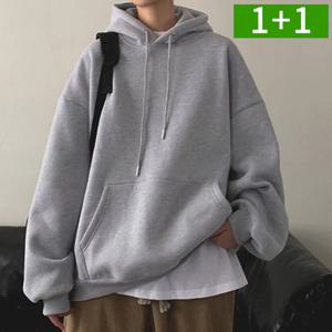 1+1 남자 오버핏 기모후드티 폴리에스테르 무지 베이직 겨울 남성 여성 후드 티셔츠
