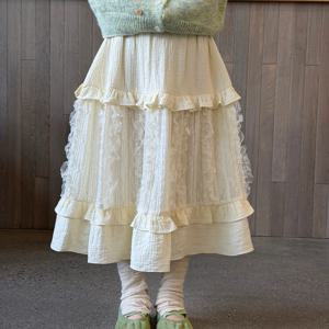 크림 티어드 레이스 롱스커트 R29594