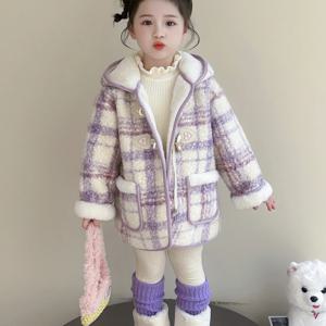 라일락 체크 폼폼 후드 코트 R29438