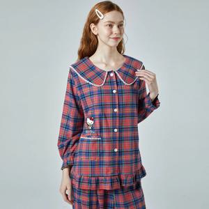여성잠옷 헬로키티 산리오 타탄체크 순면 홈웨어 긴팔 파자마 실내복 R/RE