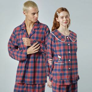커플잠옷 헬로키티 산리오 타탄체크 긴팔 파자마 순면 홈웨어 R/RE