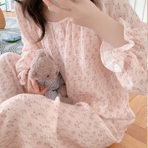 요루면 여성 긴팔 원피스 잠옷세트 프릴 로즈가든 면 노카라 임산부 수유 빅사이즈 파자마