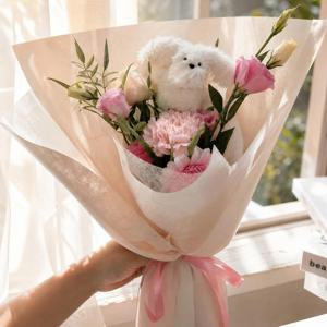 수평 귀 말티즈 핑크 꽃다발 꽃배송 꽃배달 장미 생화 승진 생일 축하 졸업 승진