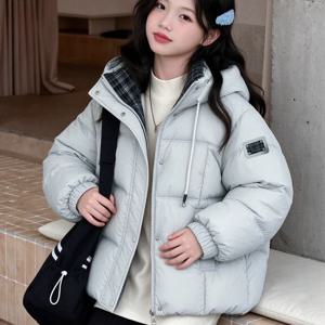 체크 안감 후드 숏 패딩 R30894