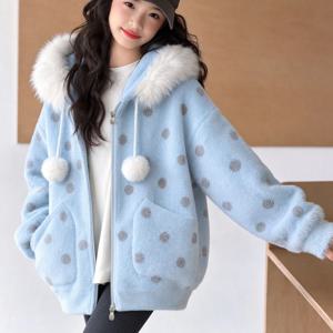 도트 퍼 후드 플리스 집업 재킷 R30869