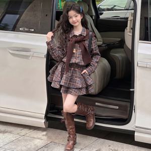 숄 세트 체크 플리츠 원피스 R30599