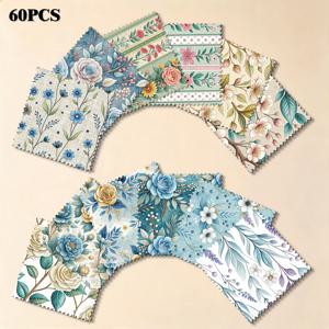 초보자용 톱니 모서리 5인치 사전 절단 패브릭 정사각형 60개, 블루 로즈 & 그린 잎 식물 프린트 공예용 천, DIY 재봉, 퀼트, 스크랩북킹, 보관 가방 및 홈 데코 프로젝트용 사전 절단 공예 묶음