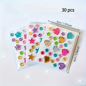 미니 보석 스티커 30개입 - 자체 접착식, 다양한 모양(하트, 별, 꽃) DIY 공예, 네일 아트용 - 주얼리 제작, 헤어 액세서리, 손톱, 파티 의류 장식용 광택 아크릴 스티커