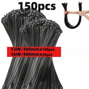 150개 검정색 고강도 나일론 케이블 정리 지퍼 타이, 2026년 업그레이드된 초광폭 범용 케이블 타이, 12인치 및 16인치 길이, 120lbs 고 인장 강도 산업용 자동차 패스너, 다용도 자동차 전선 클립