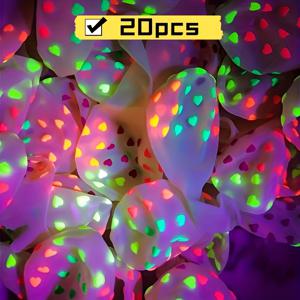UV 야광 풍선 20개, 어둠 속에서 빛나는 네온 하트 패턴 풍선, 12인치, 생일, 결혼식, 밸런타인데이, 할로윈, 망자의 날, 야간 장식, 여름 파티, 저녁 모임용, UV광에 반응하는 라텍스 파티 장식
