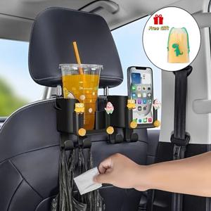 2개입 다기능 차량용 시트 등받이 정리함, 귀여운 드래곤 드로스트링 파우치 1개 포함, 컵홀더, 휴대폰 홀더, 고리 포함; 내구성 좋고 세척이 쉬운 소재, 대부분의 차종에 적합, 물병, 밀크티 봉지, 쓰레기 봉투, 안경 등 수납 가능