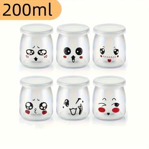 6개 세트 200ml 유리 요거트 컵 (밀폐 뚜껑 포함), 요거트 용기, 푸딩 용기 뚜껑 포함, 귀엽고 컴팩트, 크리스마스 장식용